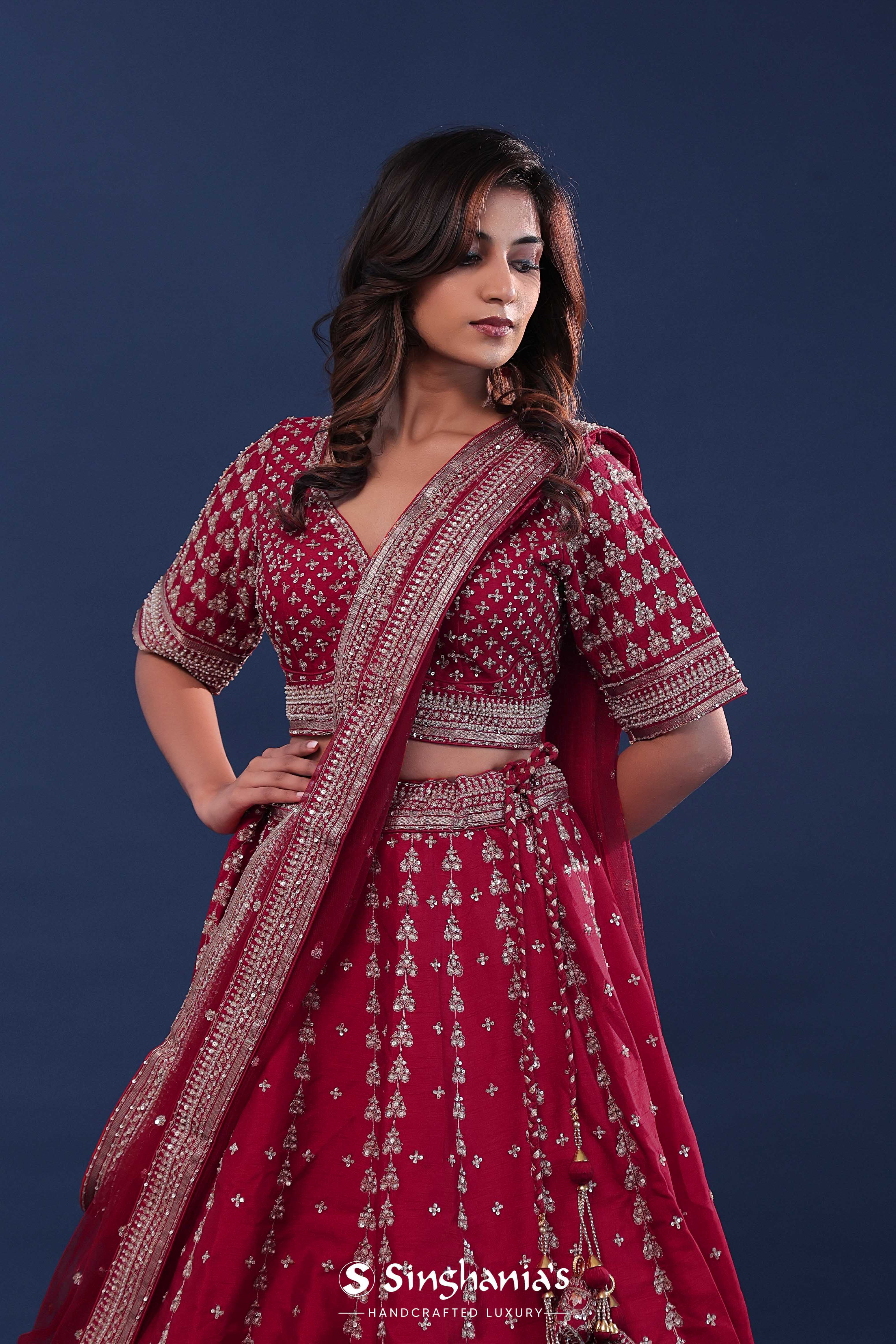 Maroon Raw Silk Lehenga Set With Netted Dupatta