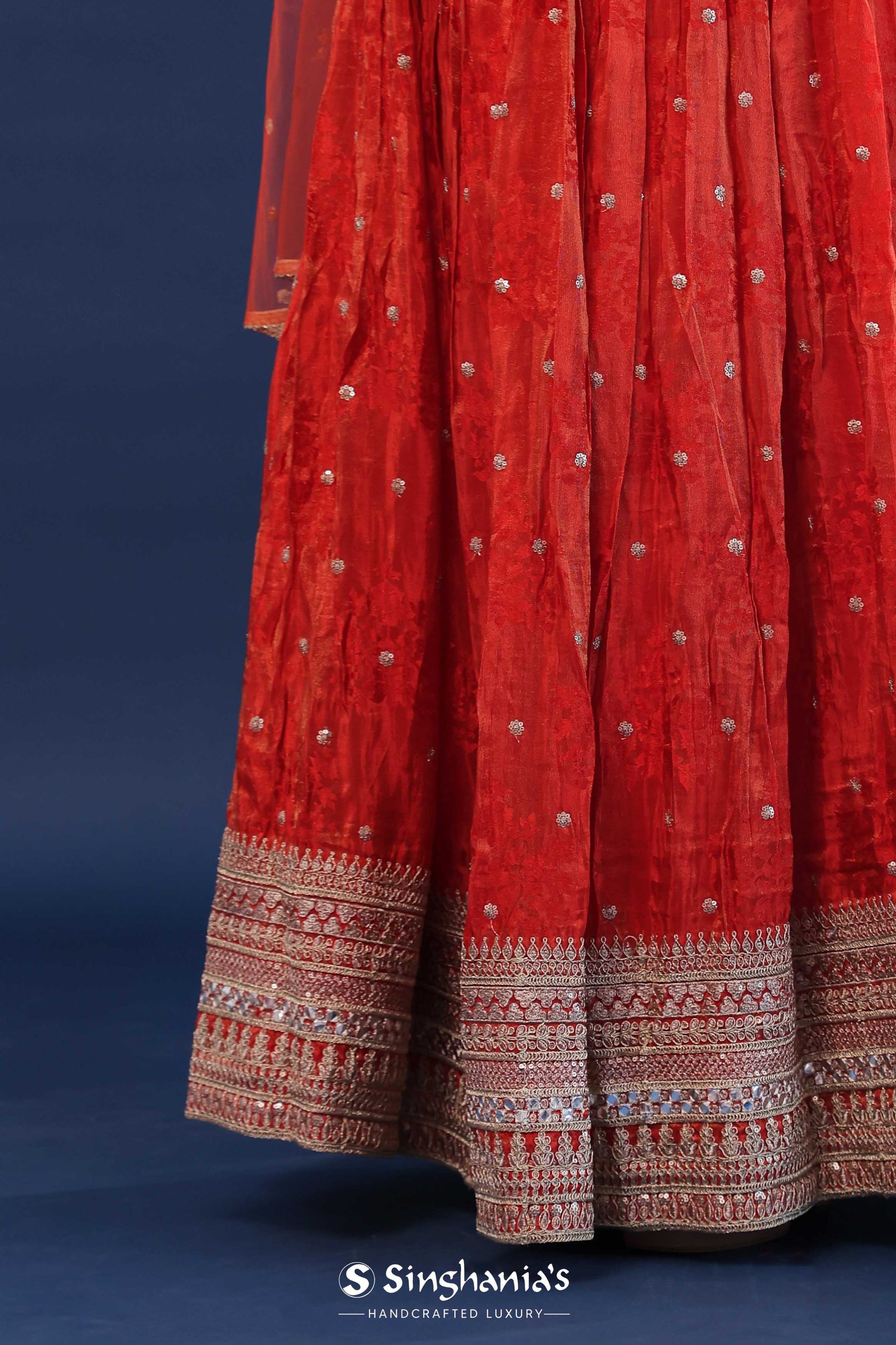 <img> International Orange Organza Lehenga Set With Net Dupatta