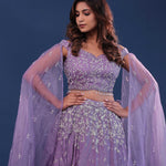 Amethyst Purple Crepe Lehenga Set With Organza Slit