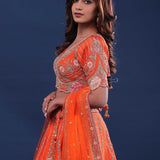 Orange Raw Silk Lehenga Set With Netted Dupatta