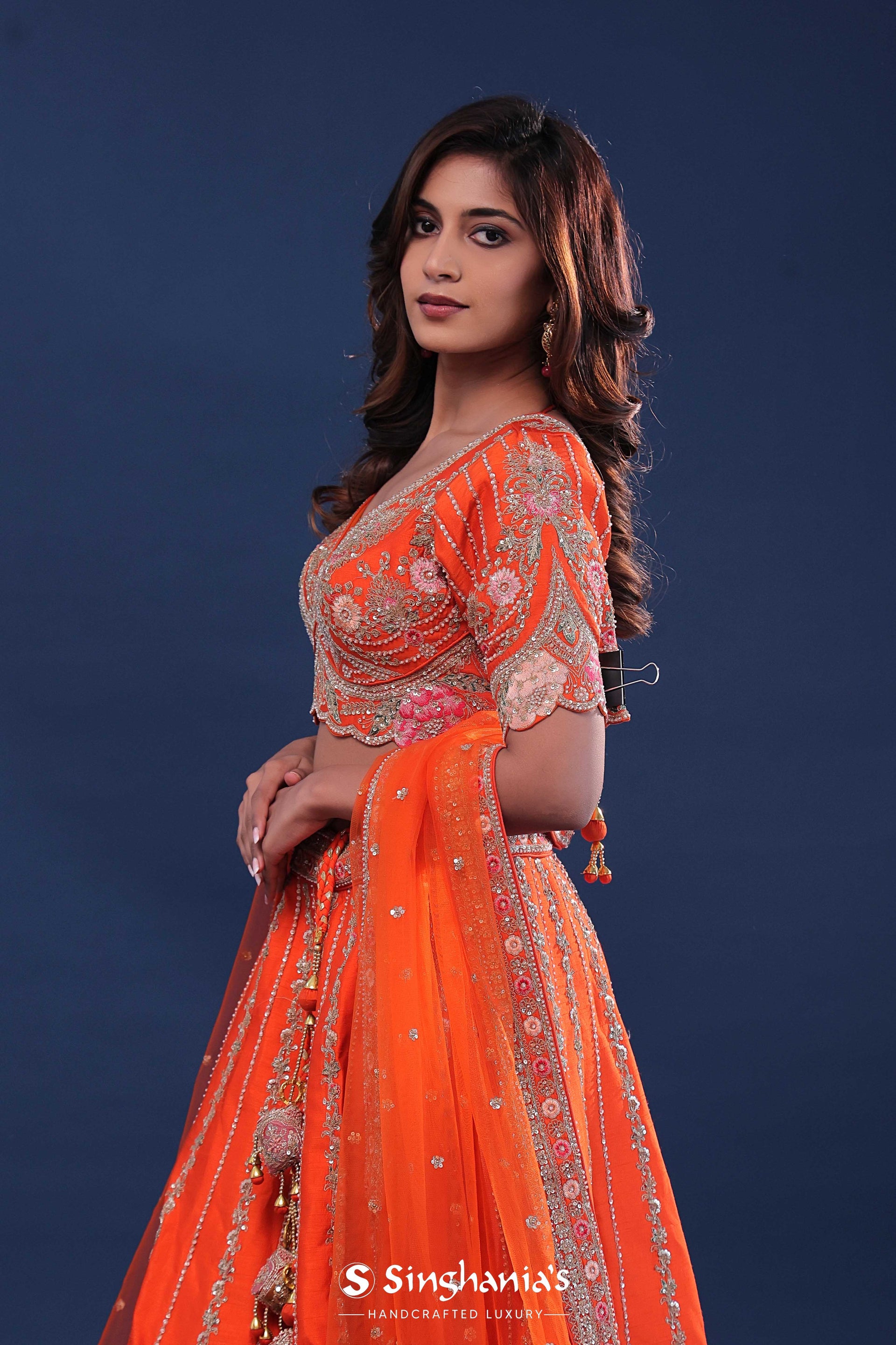 <img> Orange Raw Silk Lehenga Set With Netted Dupatta