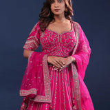 Rani Pink Raw Silk Lehenga Set With Netted Dupatta