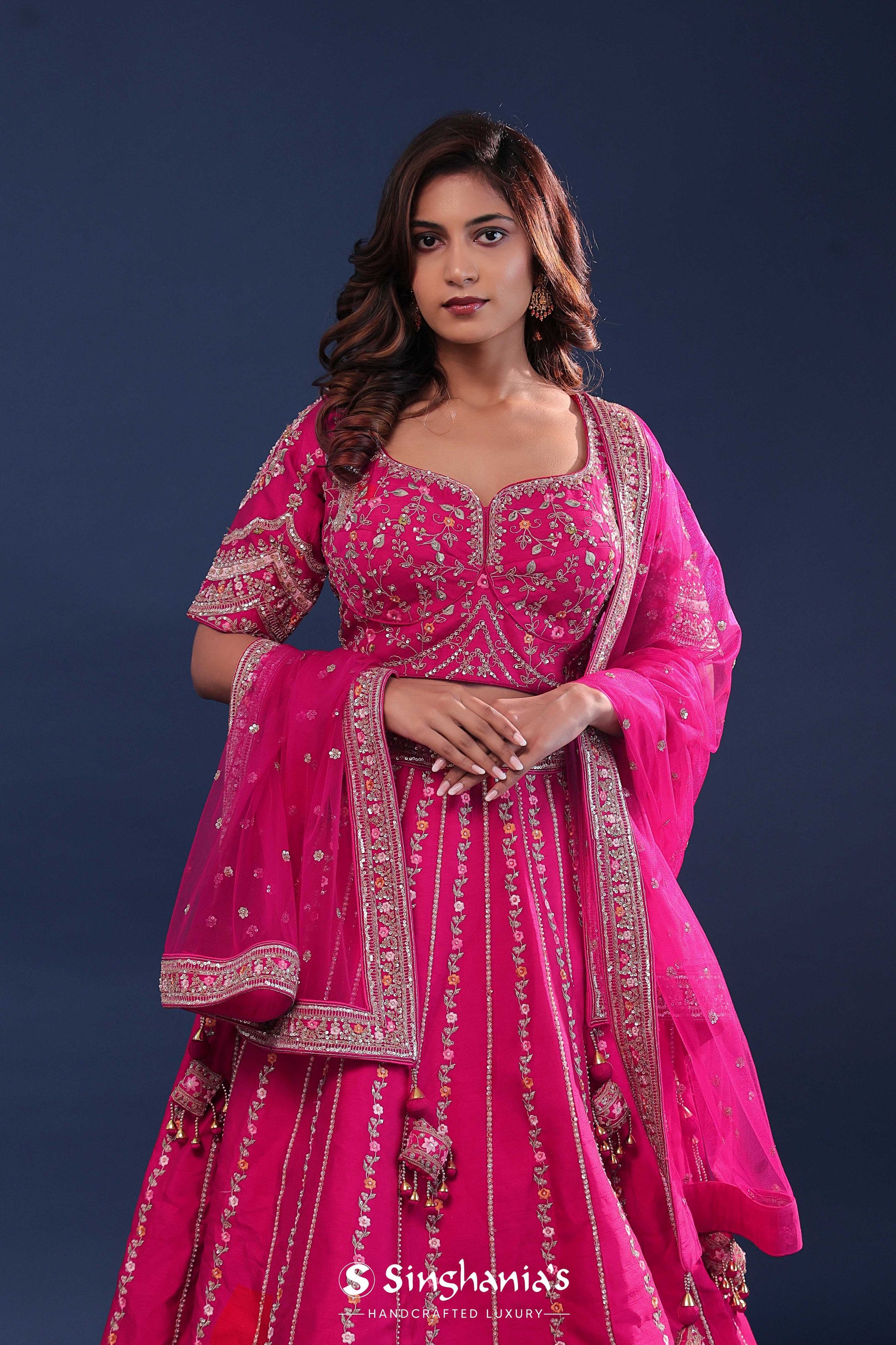 <img> Bright Rani Pink Raw Silk Lehenga Set