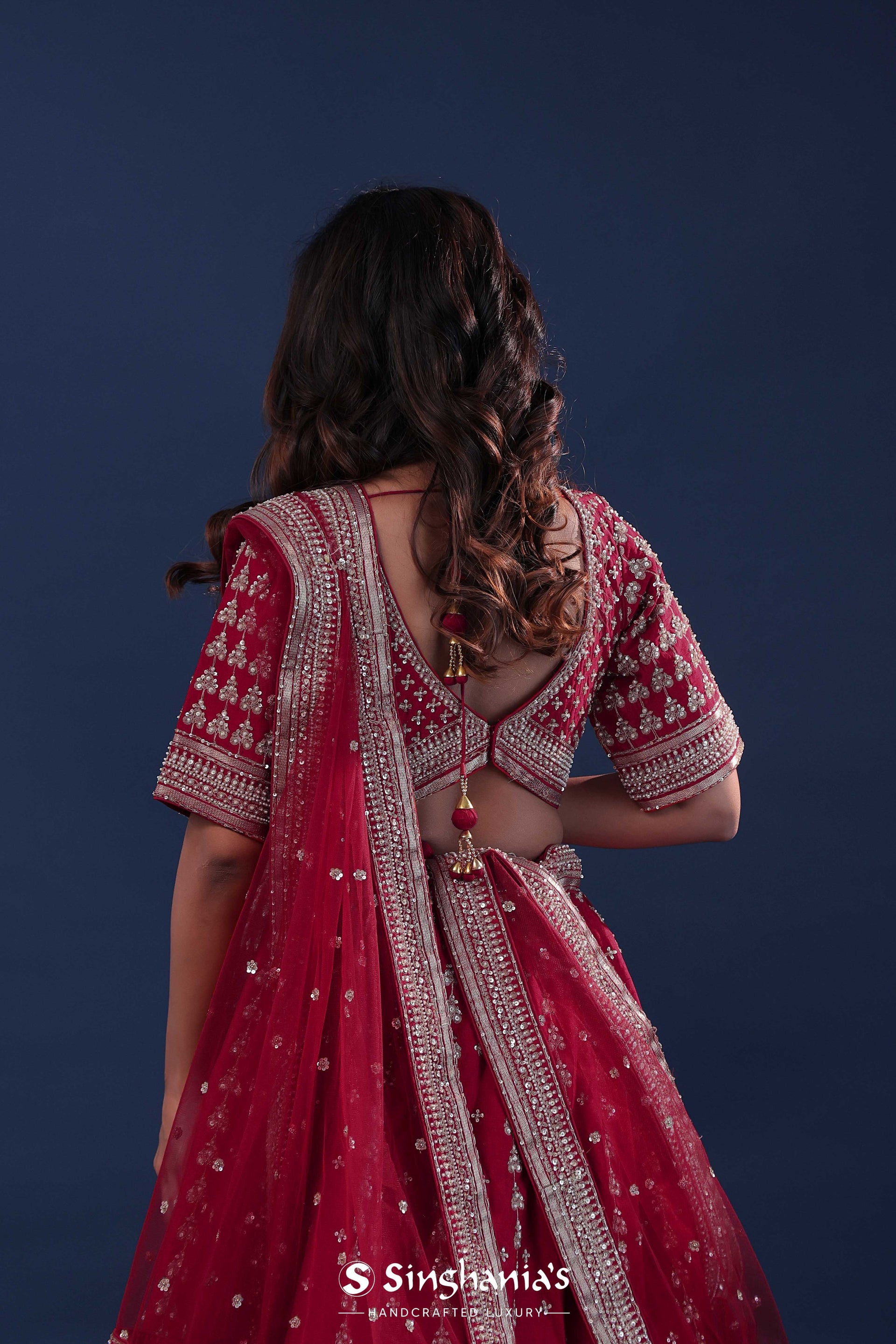 <img> Maroon Raw Silk Lehenga Set With Netted Dupatta