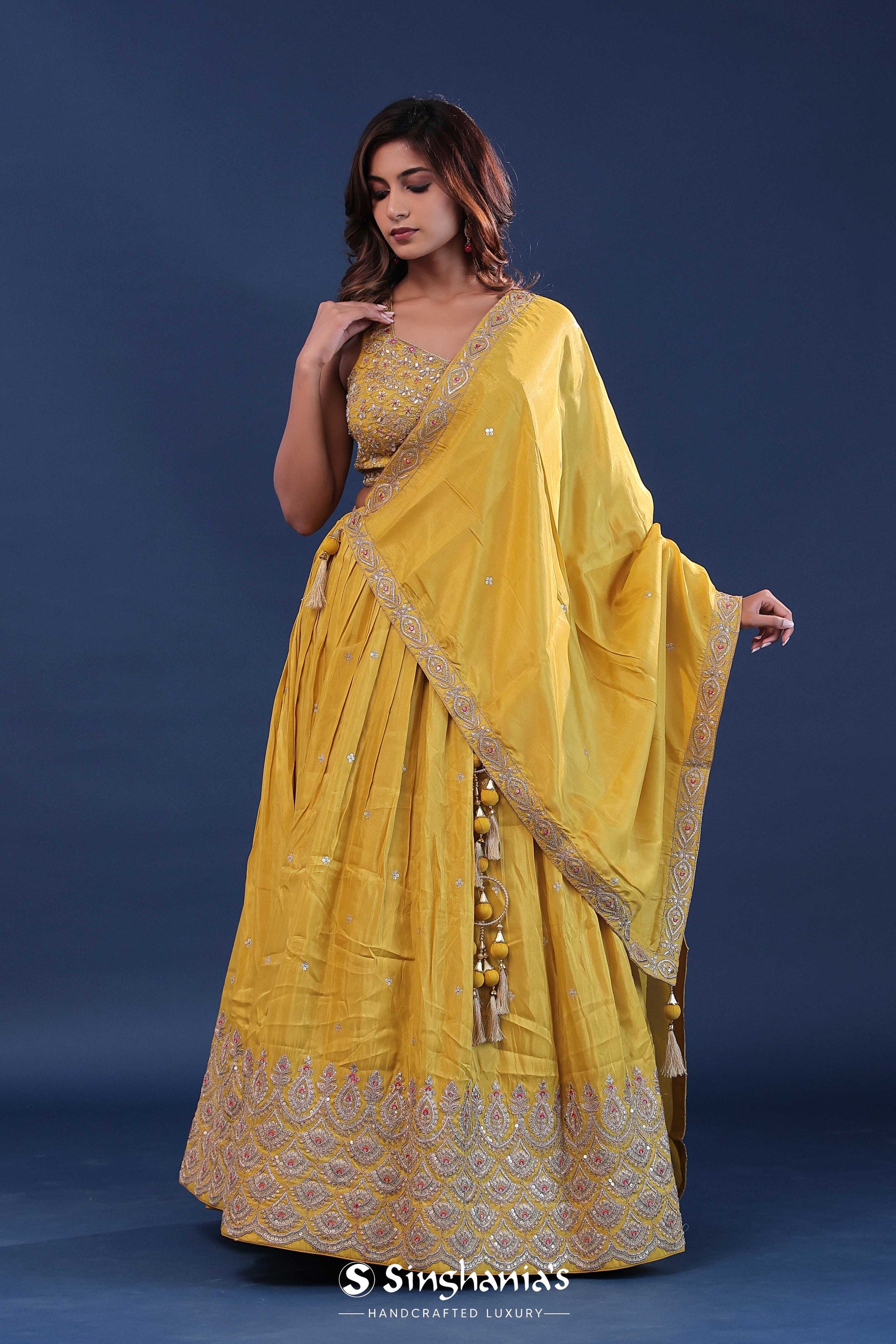 <img> Saffron Yellow Silk Lehenga Set For Both