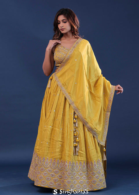 <img> Saffron Yellow Silk Lehenga Set For Both