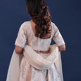 Light Beige Raw Silk Lehenga Set With Netted Dupatta