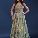Pista Green Chinon Georgette Crush Lehenga Set