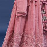 Coral Pink Silk Lehenga Set With Organga Dupatta