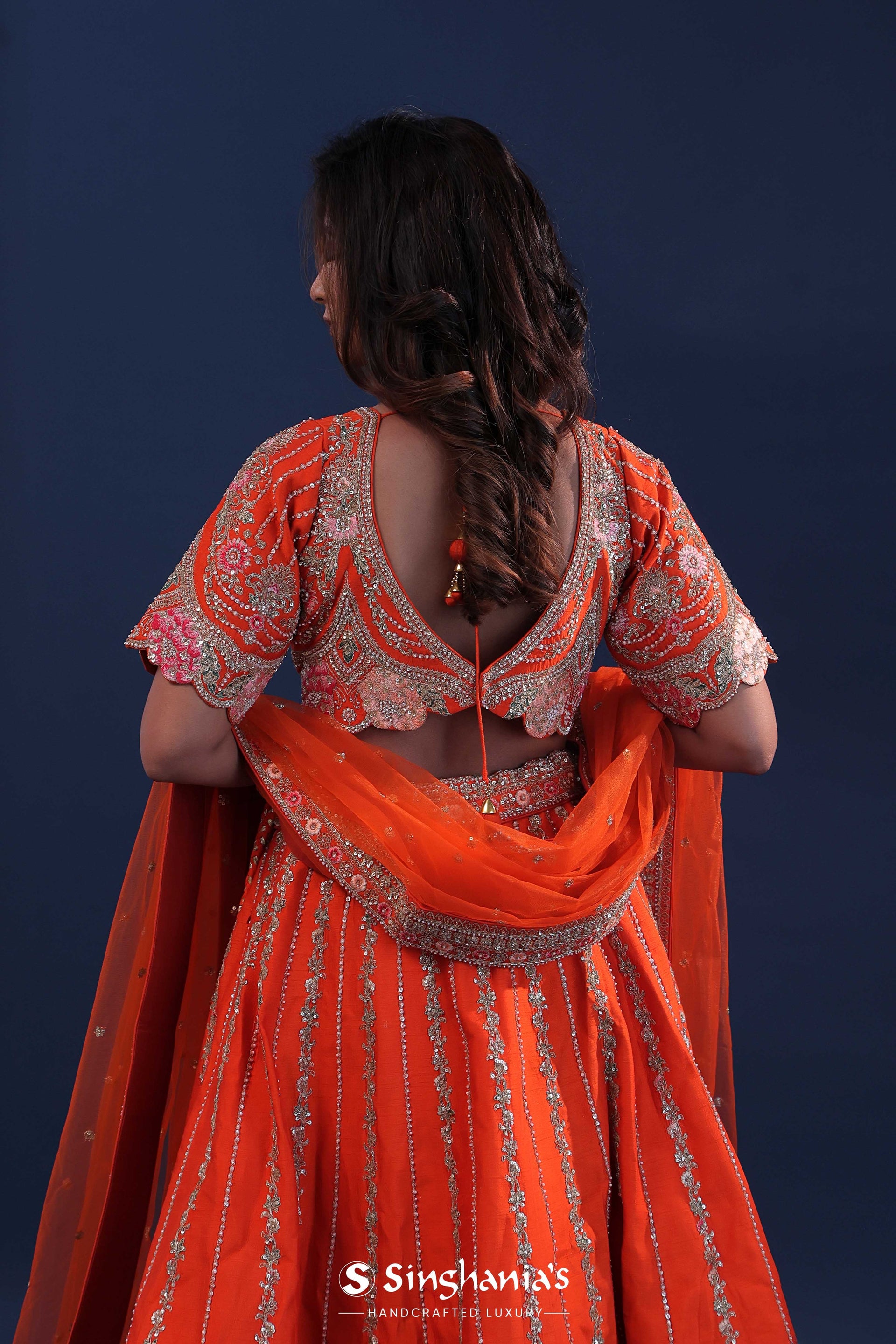 <img> Orange Raw Silk Lehenga Set With Netted Dupatta
