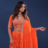 Orange Organza Lehenga Set With Silk Dupatta