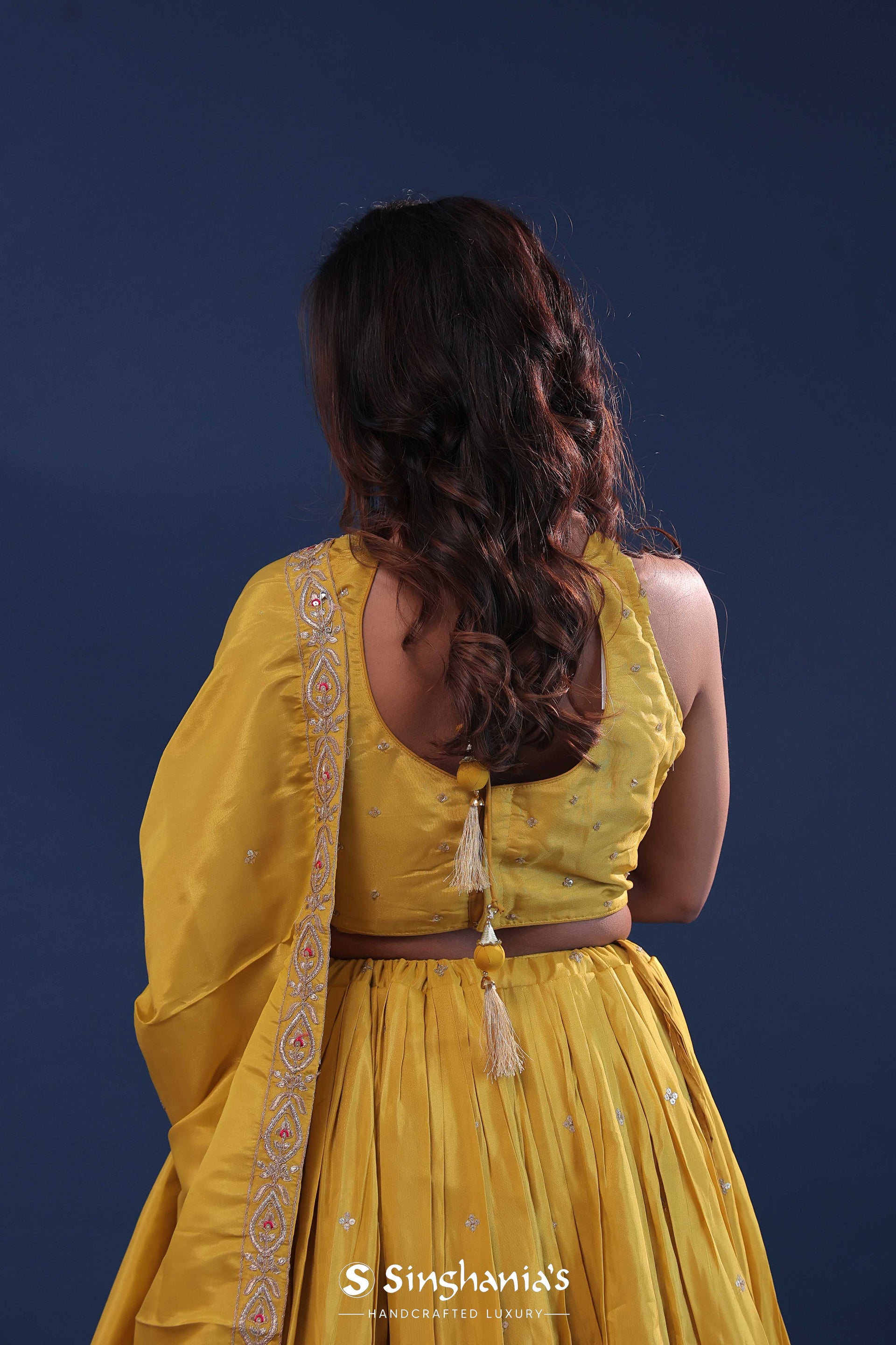 <img> Saffron Yellow Silk Lehenga Set For Both