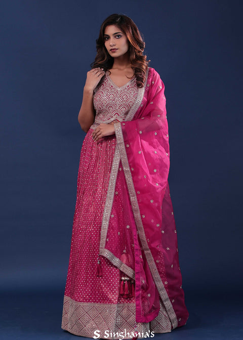 <img> Magenta Pink Banarasi Lehenga Set With Organza Dupatta
