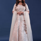 Light Beige Raw Silk Lehenga Set With Netted Dupatta