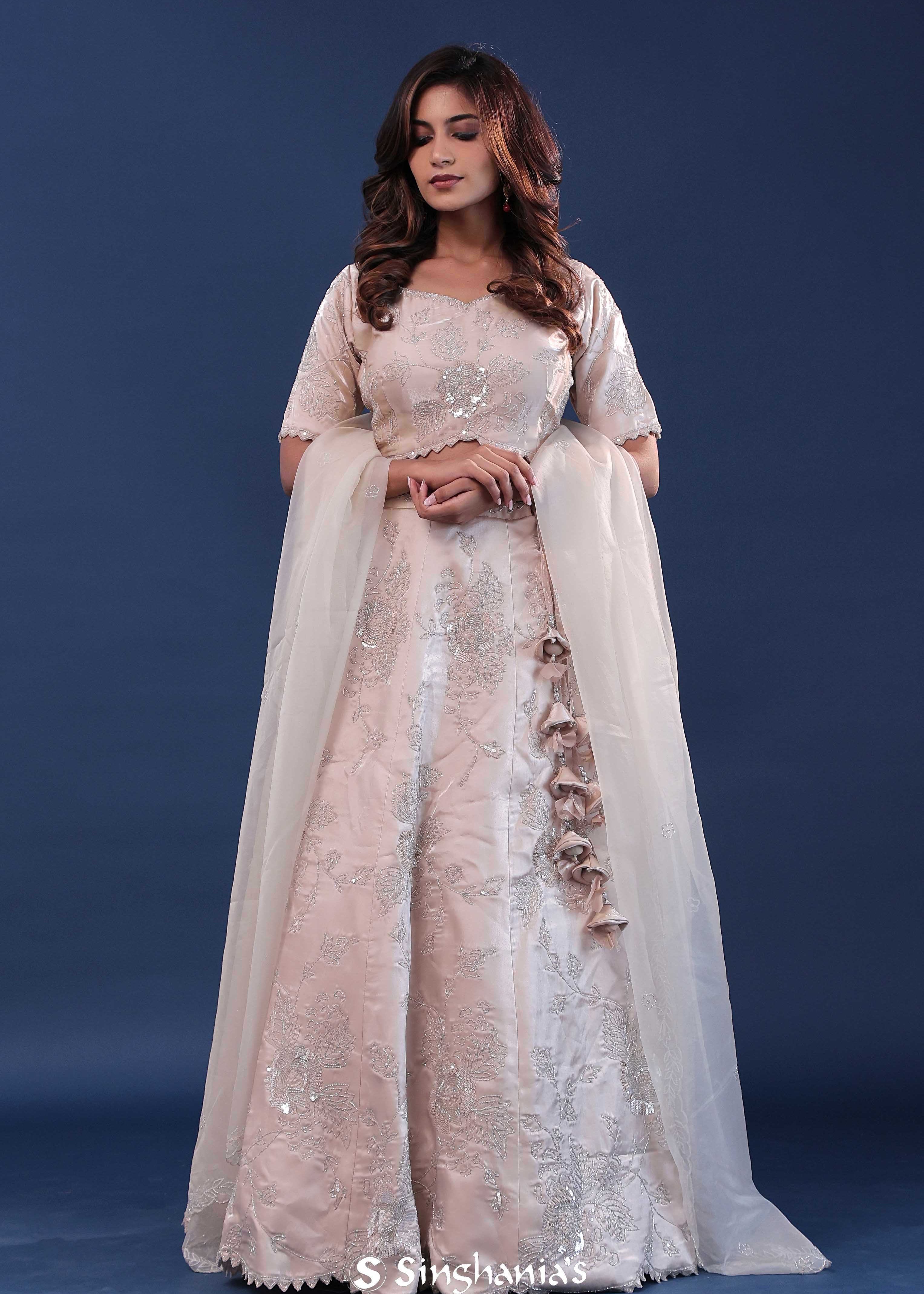 Light Beige Raw Silk Lehenga Set With Netted Dupatta