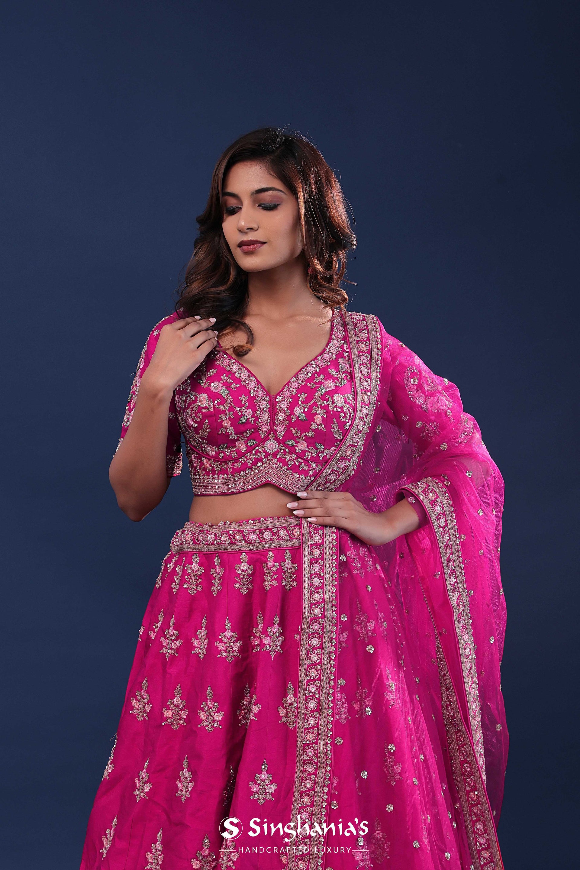 <img> Rani Pink Raw Silk Lehenga Set With Netted Dupatta