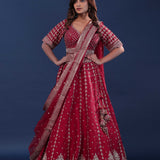 Maroon Raw Silk Lehenga Set With Netted Dupatta