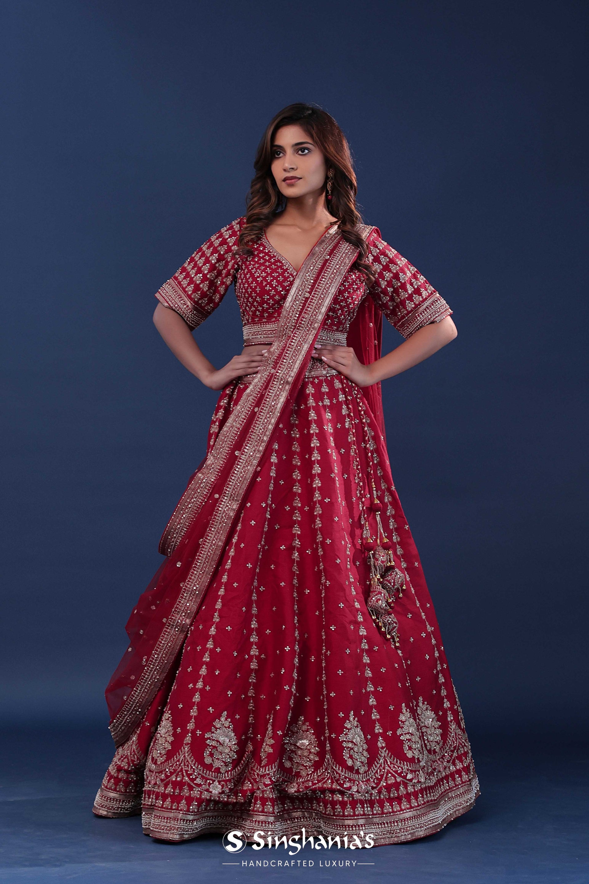 <img> Maroon Raw Silk Lehenga Set With Netted Dupatta