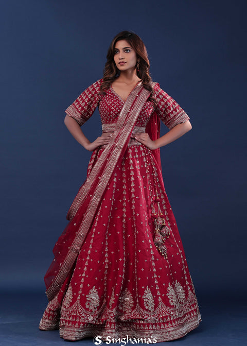 <img> Maroon Raw Silk Lehenga Set With Netted Dupatta