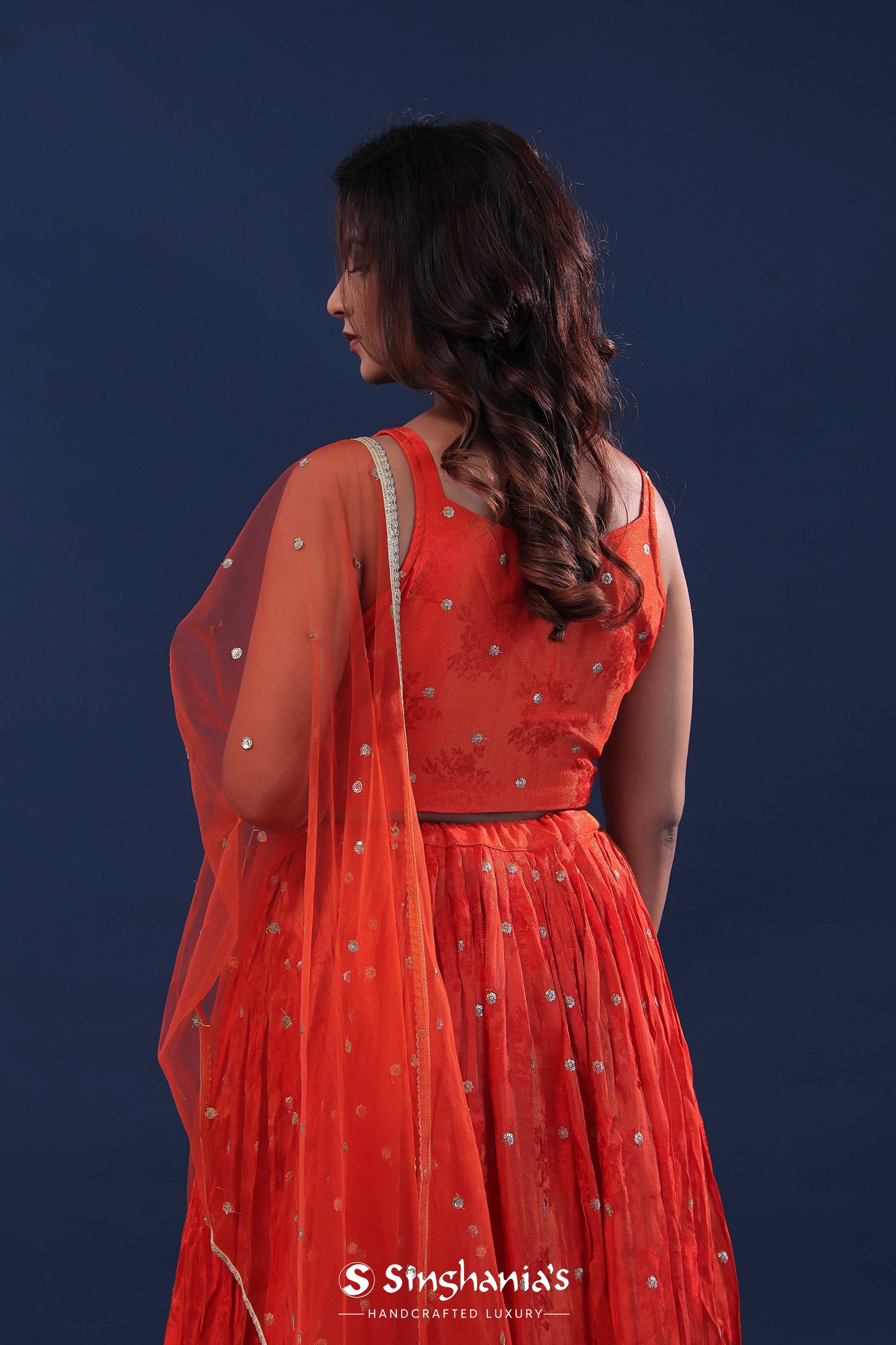 <img> International Orange Organza Lehenga Set With Net Dupatta 