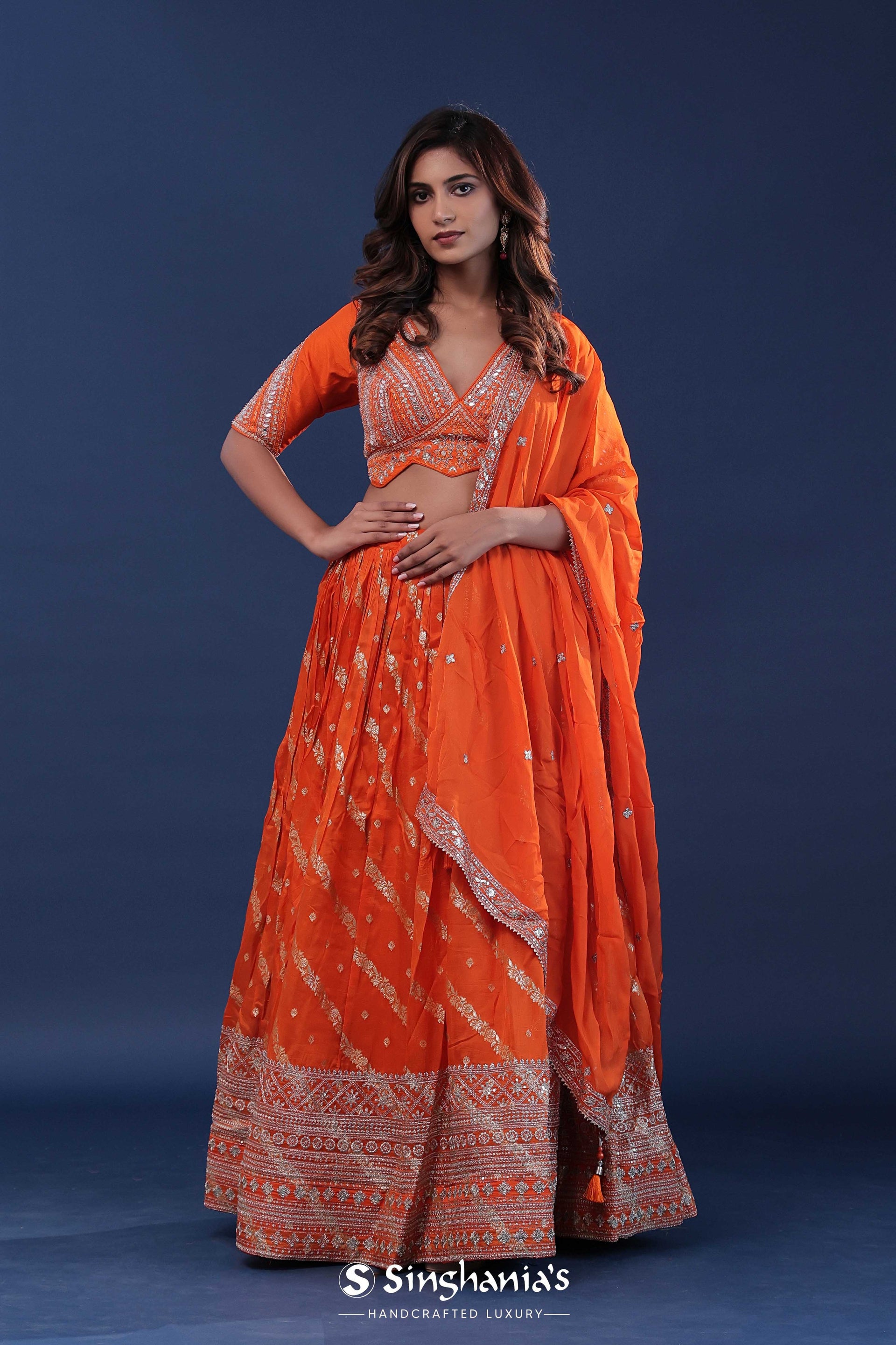 <img> Orange Organza Lehenga Set With Silk Dupatta