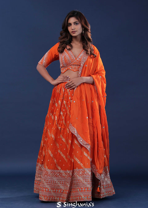 <img> Orange Organza Lehenga Set With Silk Dupatta