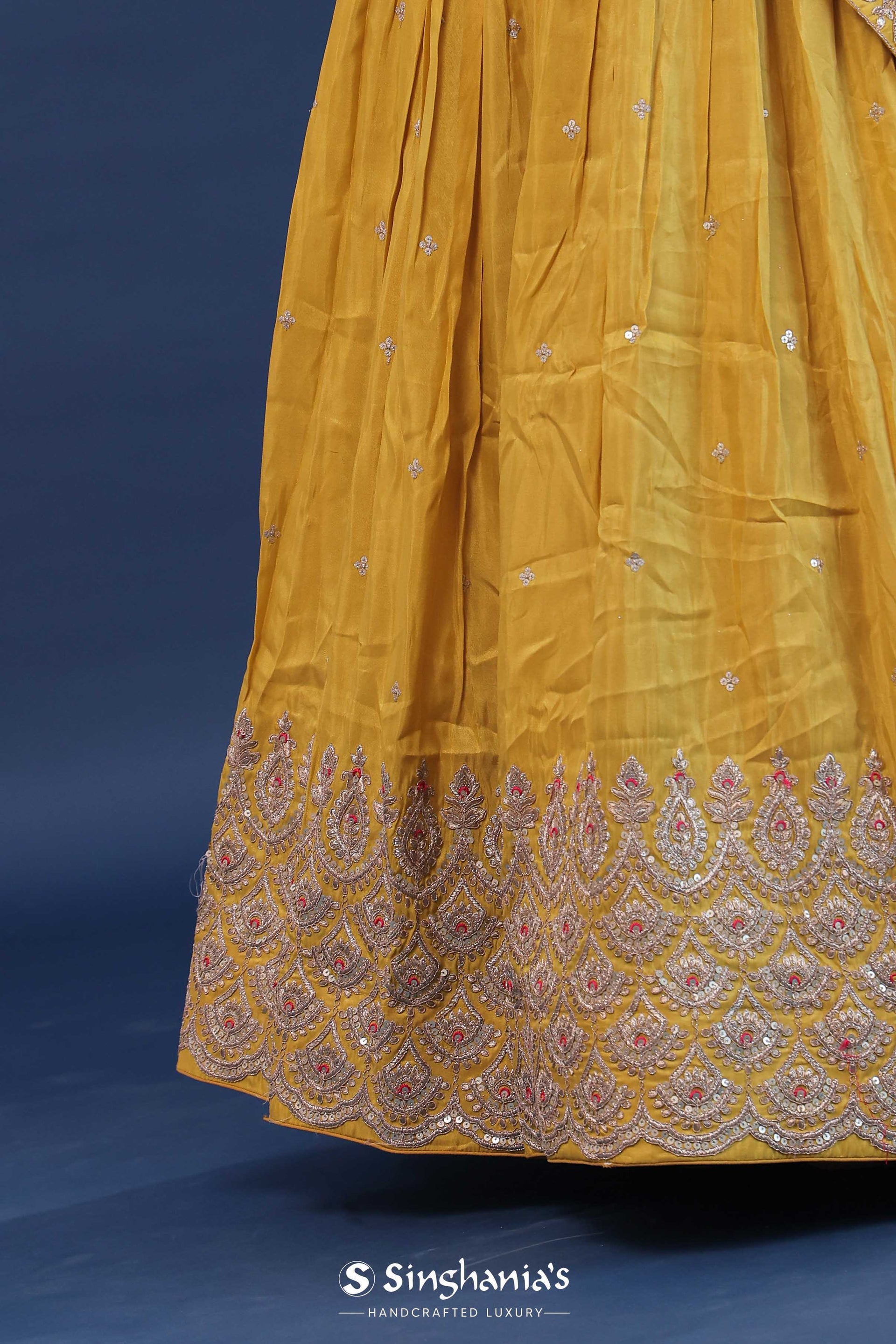 <img> Saffron Yellow Silk Lehenga Set For Both
