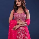 Raspberry Pink Banarasi Lehenga Set With Net Dupatta
