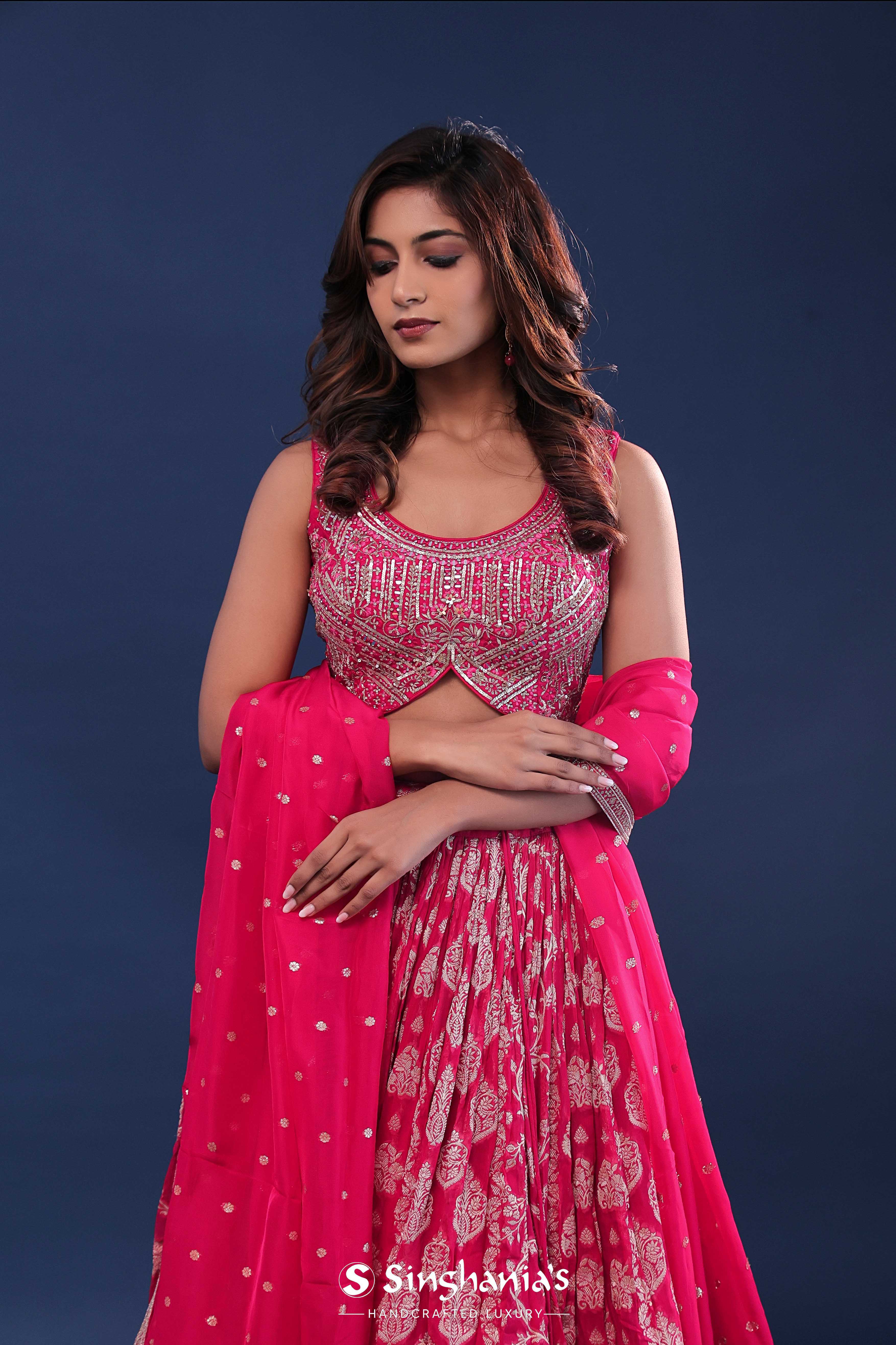 Raspberry Pink Banarasi Lehenga Set With Net Dupatta