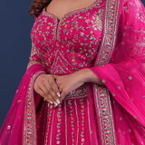 Rani Pink Raw Silk Lehenga Set With Netted Dupatta