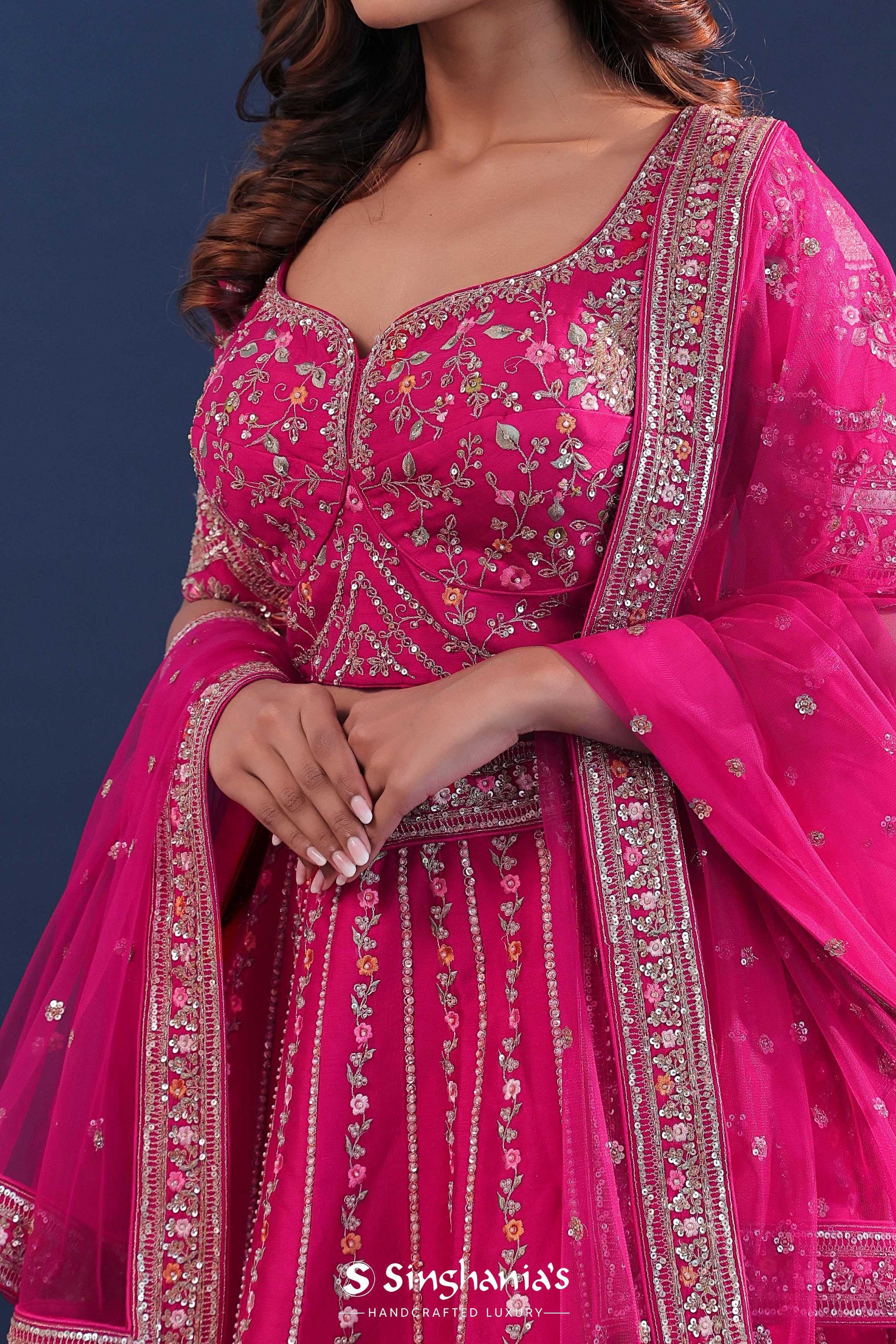 <img> Bright Rani Pink Raw Silk Lehenga Set