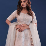Light Beige Raw Silk Lehenga Set With Netted Dupatta