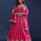 Rani Pink Raw Silk Lehenga Set With Netted Dupatta