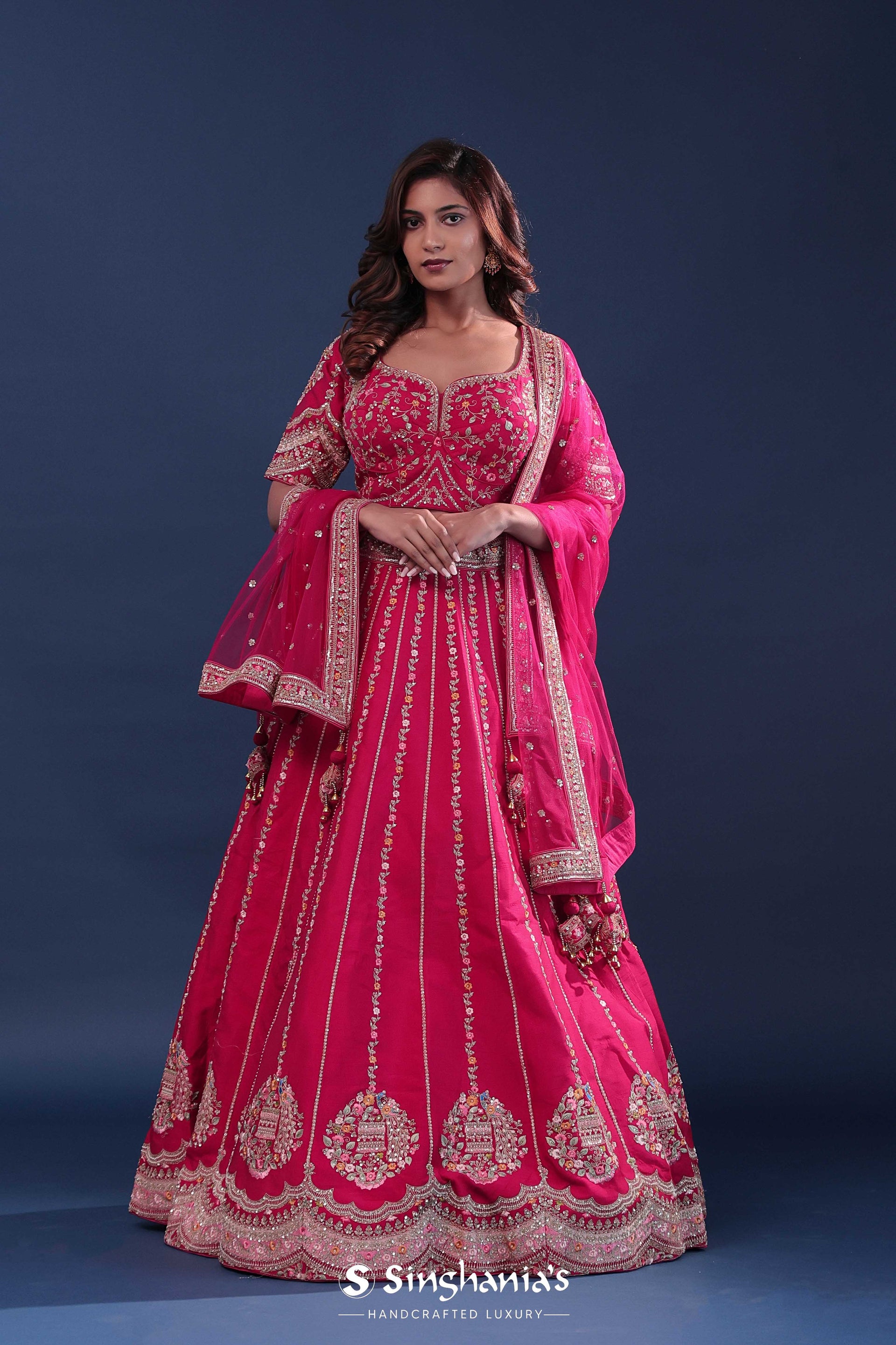 <img> Bright Rani Pink Raw Silk Lehenga Set