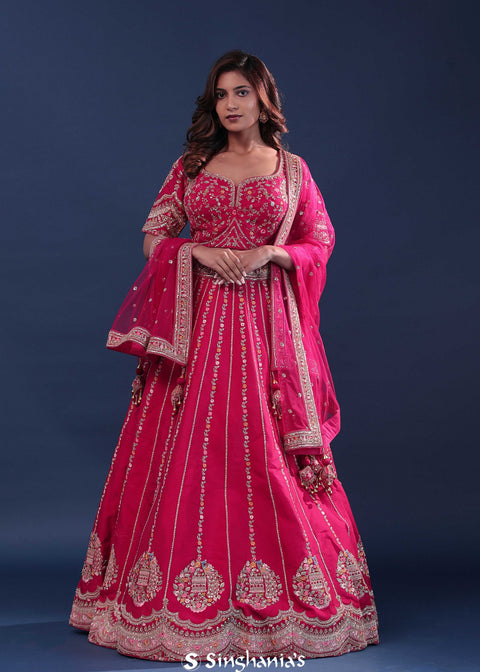 <img> Bright Rani Pink Raw Silk Lehenga Set
