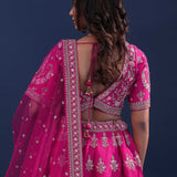 Rani Pink Raw Silk Lehenga Set With Netted Dupatta