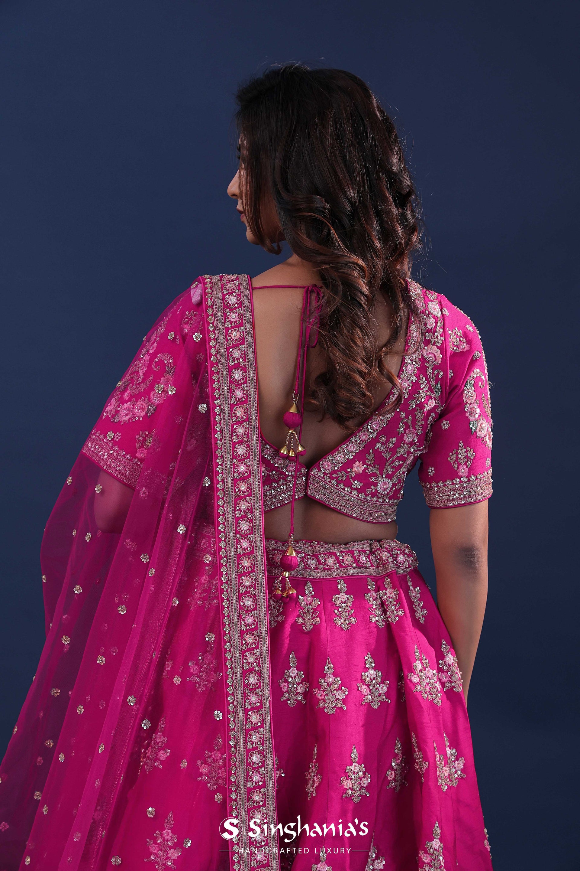 <img> Rani Pink Raw Silk Lehenga Set With Netted Dupatta