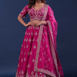 Rani Pink Raw Silk Lehenga Set With Netted Dupatta