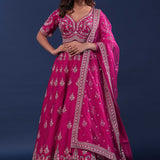 Rani Pink Raw Silk Lehenga Set With Netted Dupatta