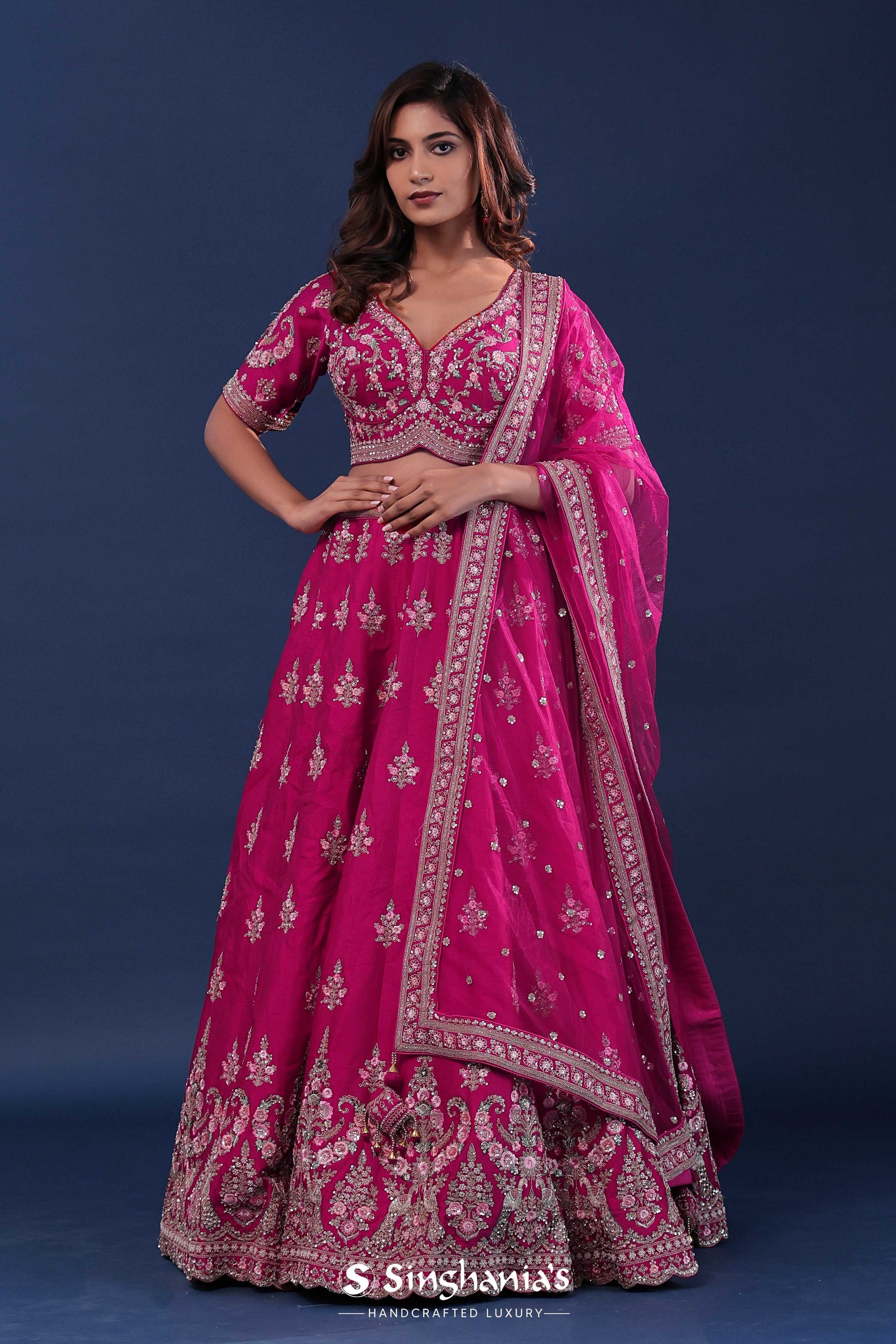 <img> Rani Pink Raw Silk Lehenga Set With Netted Dupatta