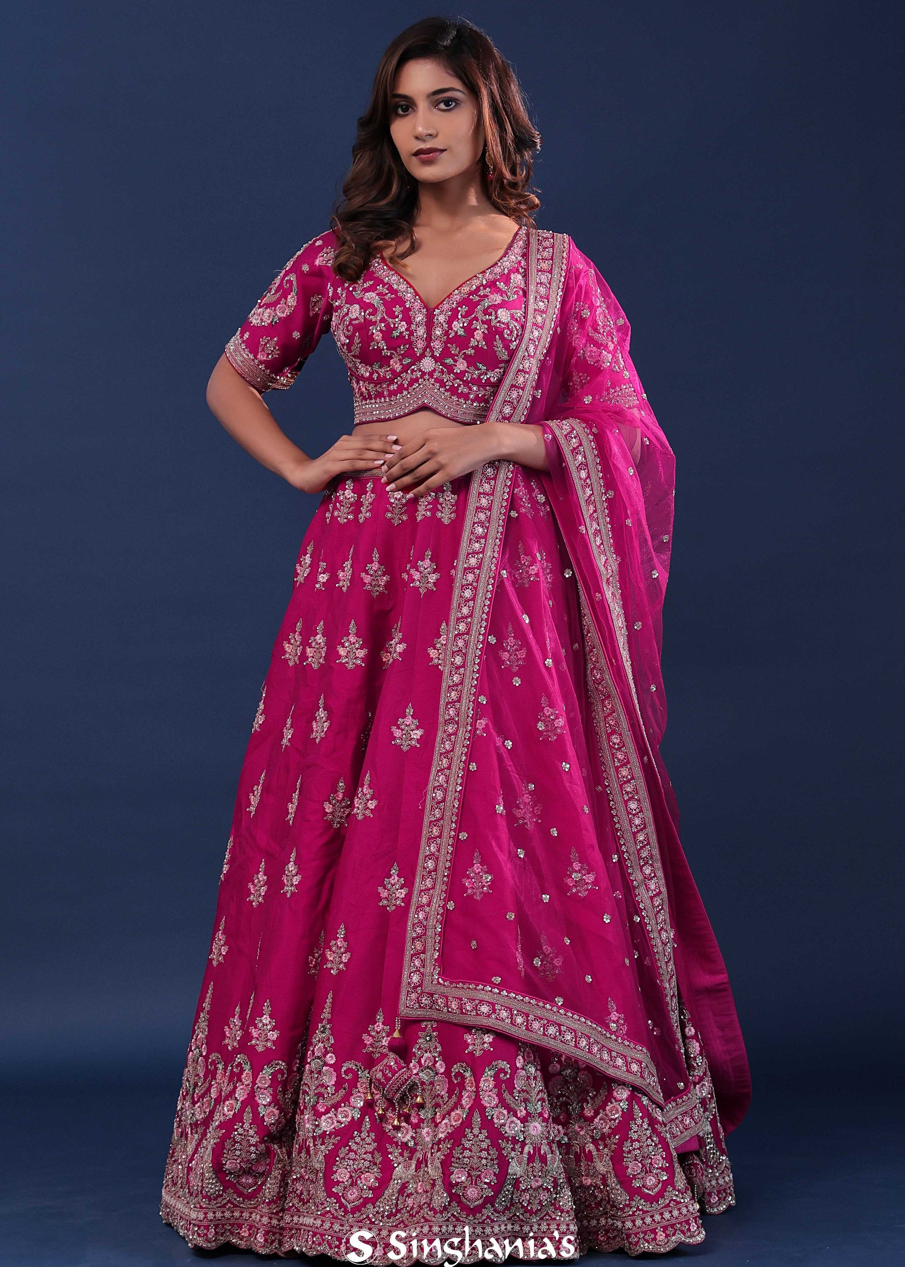 Rani Pink Raw Silk Lehenga Set With Netted Dupatta