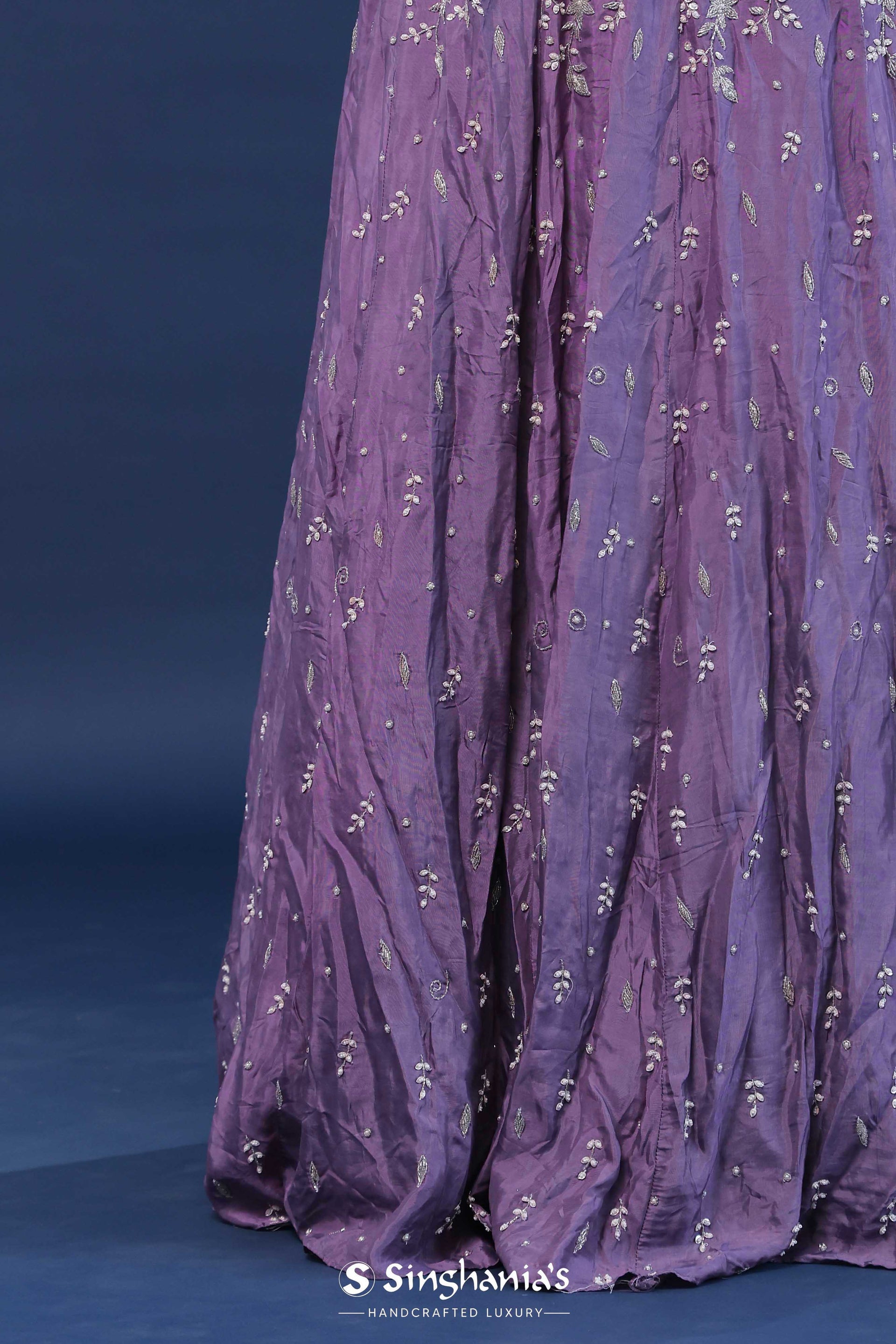 <img> Amethyst Purple Crepe Lehenga Set With Organza Slit