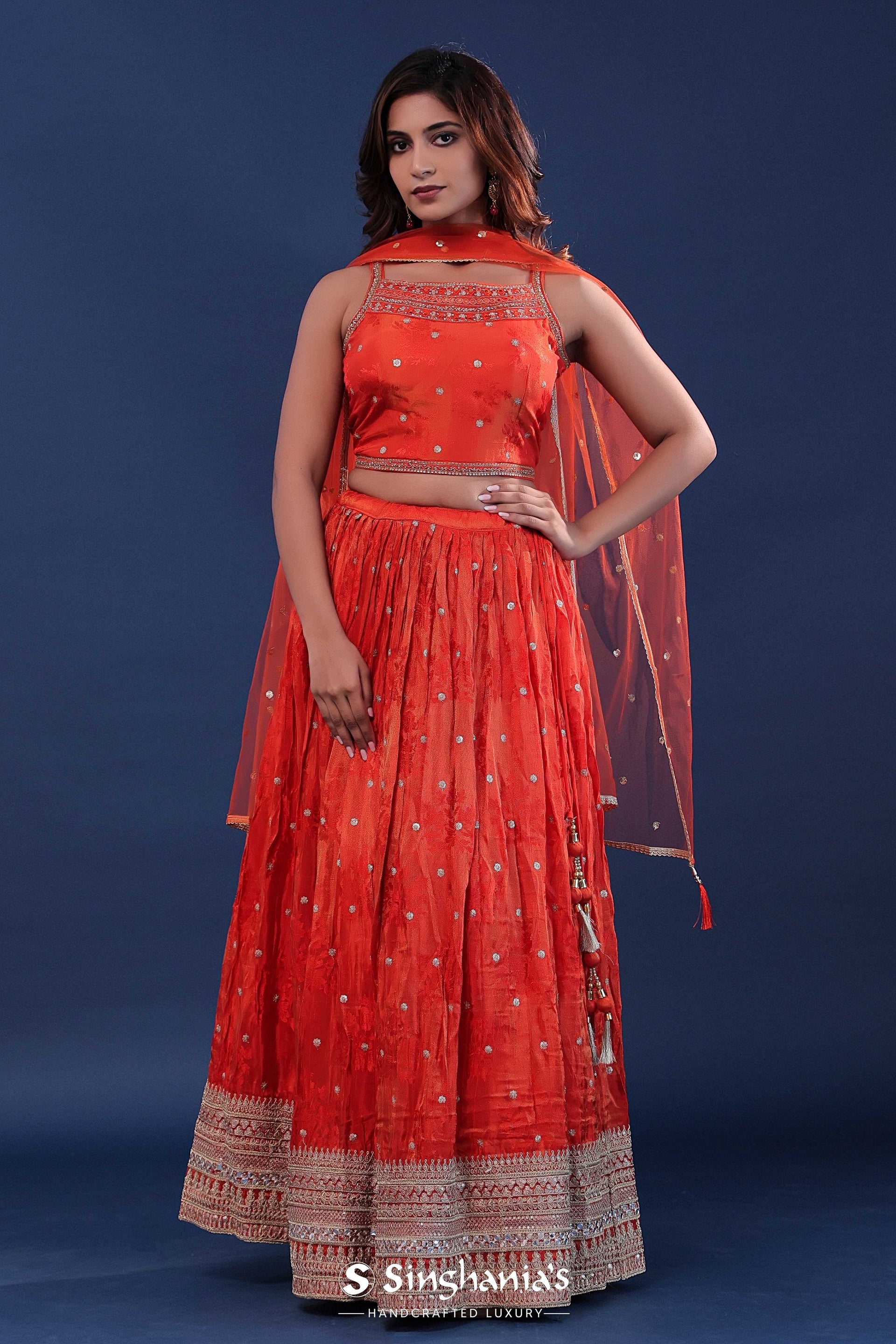 <img> International Orange Organza Lehenga Set With Net Dupatta