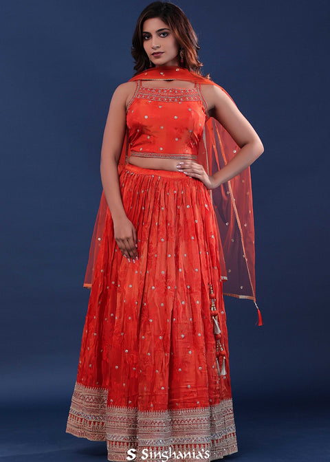 <img> International Orange Organza Lehenga Set With Net Dupatta