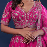Rani Pink Raw Silk Lehenga Set With Netted Dupatta
