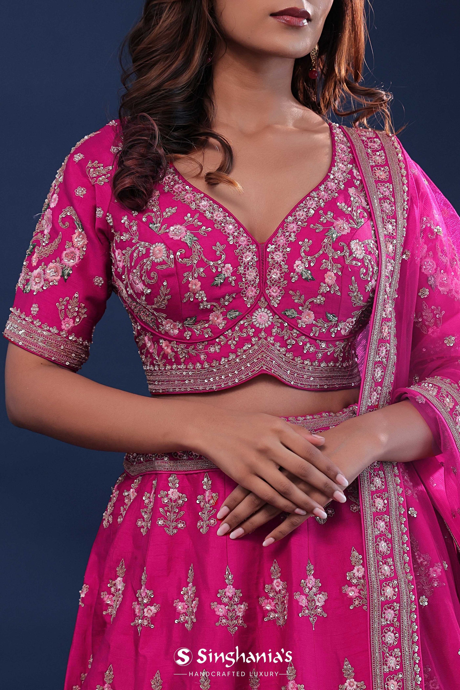 <img> Rani Pink Raw Silk Lehenga Set With Netted Dupatta
