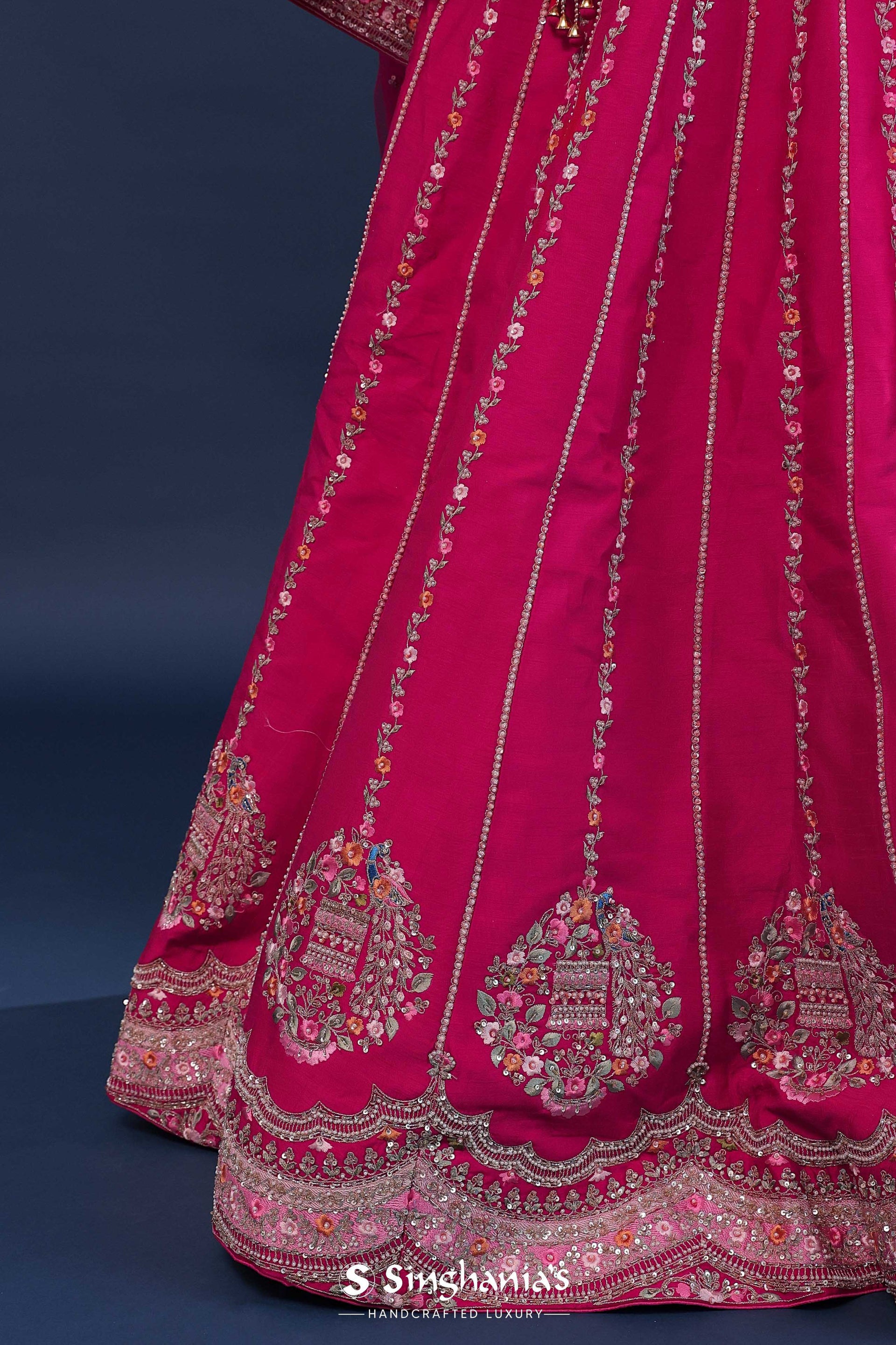 <img> Bright Rani Pink Raw Silk Lehenga Set