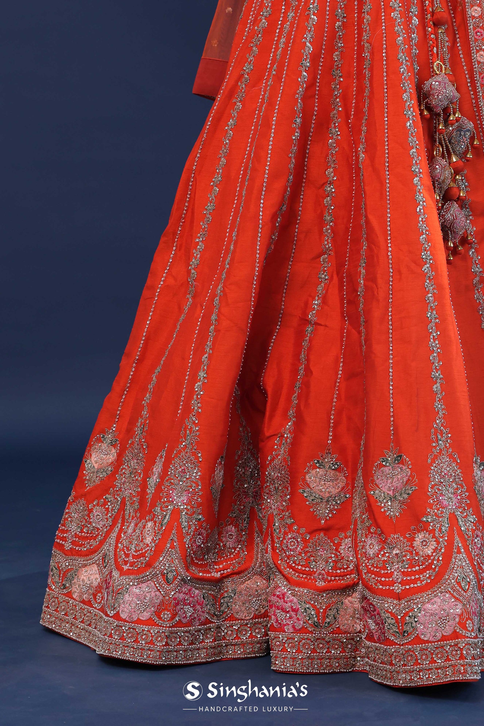 <img> Orange Raw Silk Lehenga Set With Netted Dupatta