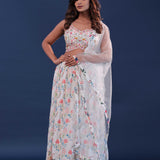 White Georgette Lehenga Set With Floral And Sequins Design