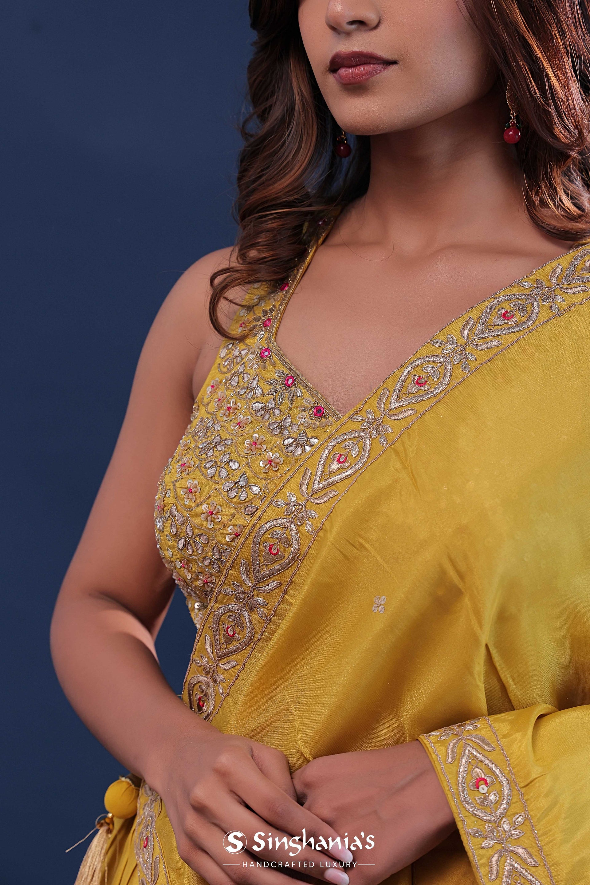 <img> Saffron Yellow Silk Lehenga Set For Both